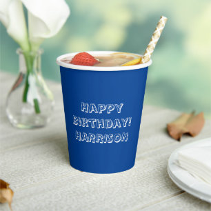 Gobelets En Papier Joyeux Anniversaire bleu blanc nom personnalisé