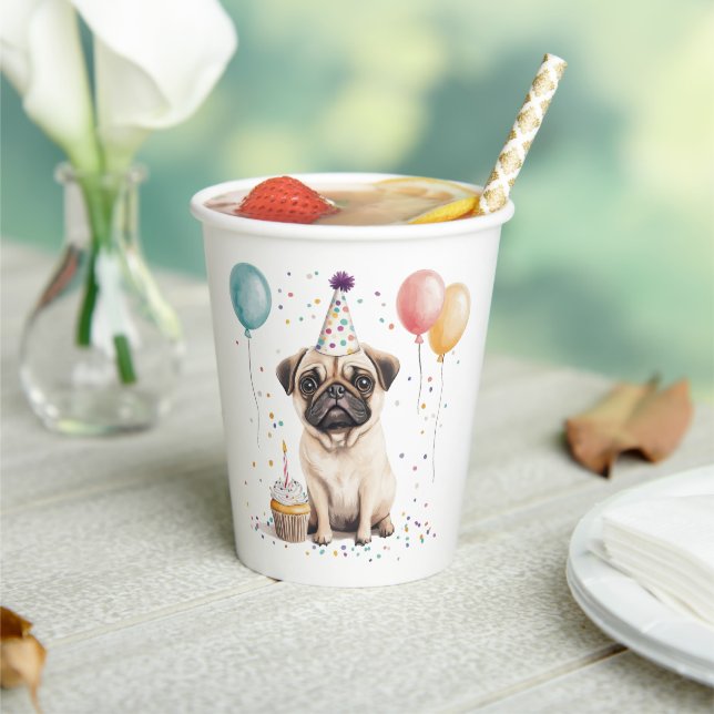 Gobelets En Papier Joyeux Anniversaire Chien Pug (Insitu)