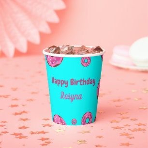 Gobelets En Papier Joyeux anniversaire crème rose beignets bleu