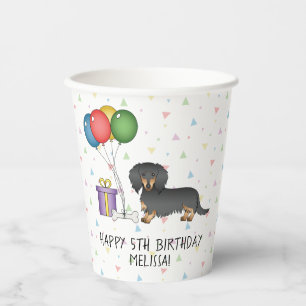 Gobelets En Papier Joyeux Anniversaire Dachshund à Poils Longs Noir e