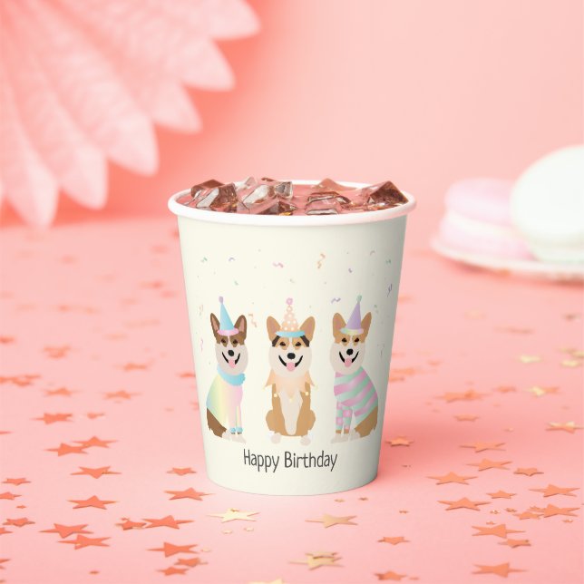 Gobelets En Papier Joyeux Anniversaire Pembroke Welsh Corgi Chiens (Insitu)