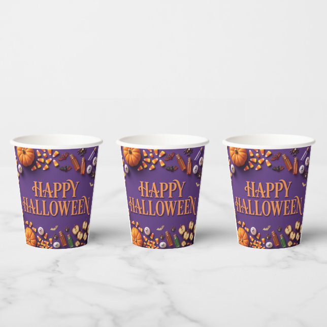 Gobelets En Papier Joyeux Halloween à plat sur fond violet  (Multi)