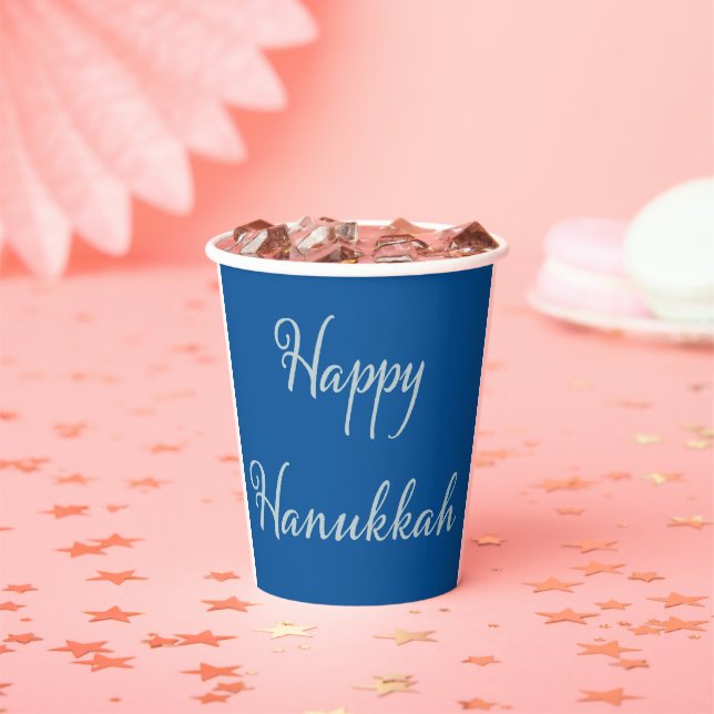 Gobelets En Papier Joyeux Hanukkah Silver Script Tekhelet Bleu (Insitu)