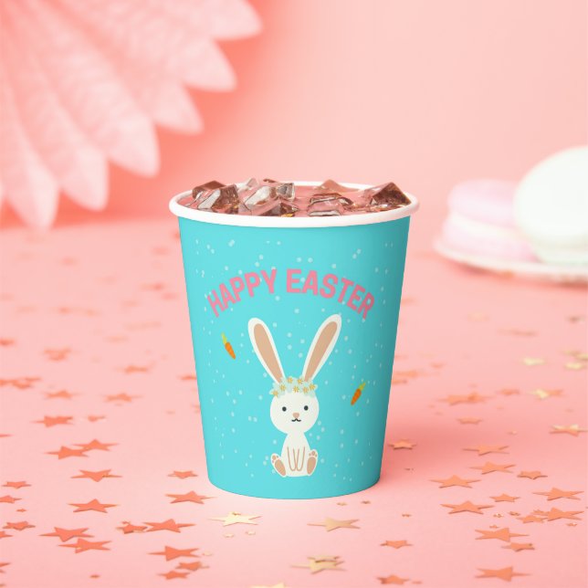 Gobelets En Papier Joyeux lapin blanc de Pâques sur bleu (Insitu)