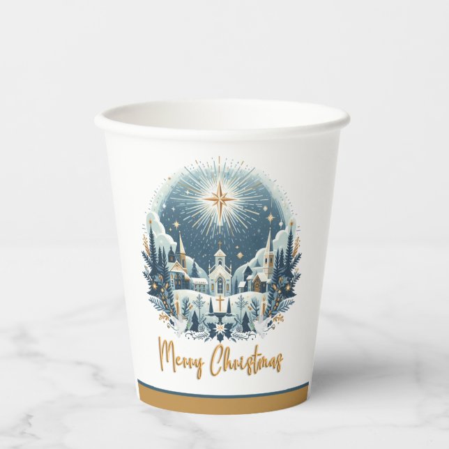 Gobelets En Papier Joyeux Noël bleu et or (Recto)