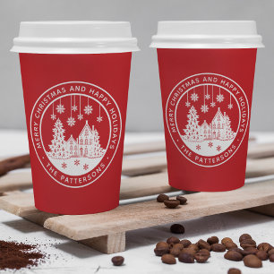 Gobelets En Papier Joyeux Noël Bonnes Fêtes Rouge Maison d'Hiver