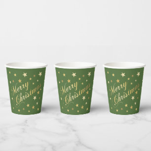 Gobelets En Papier Joyeux Noël Élégant Script Gold Stars Green