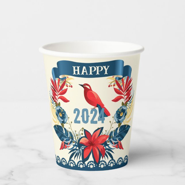 Gobelets En Papier Joyeux Noël et Bonne Année ! Oiseau rouge 2024 (Recto)