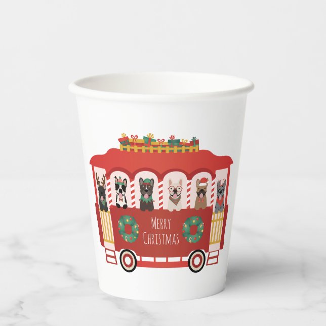 Gobelets En Papier Joyeux Noël Français Bulldogs Vacances Trolly (Recto)