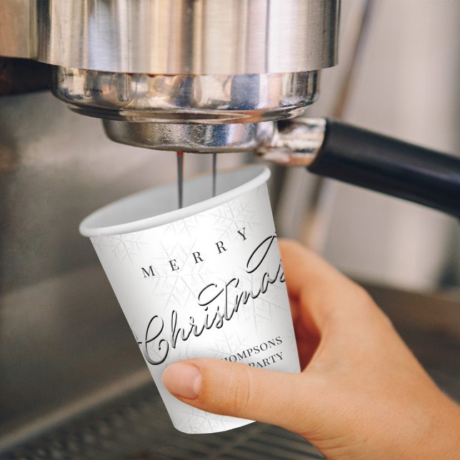 Gobelets En Papier Joyeux Noël Silver Calligraphie Cute Flocon de nei (Merry Christmas silver snowflakes calligraphy paper cup. )