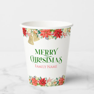 Gobelets En Papier Joyeux Noël typographie & poinsettia