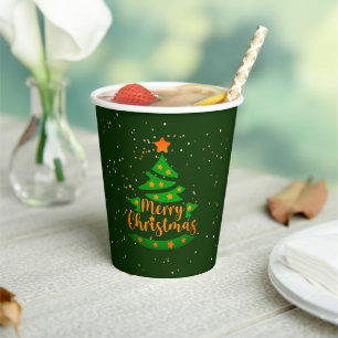 Gobelets En Papier Joyeux Noël Vert Arbre Or Orange Étoiles
