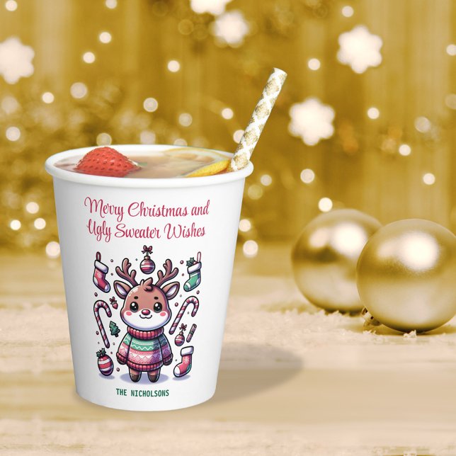 Gobelets En Papier Joyeux Noël & Vœux de Pull Moche Renne (Créateur téléchargé)