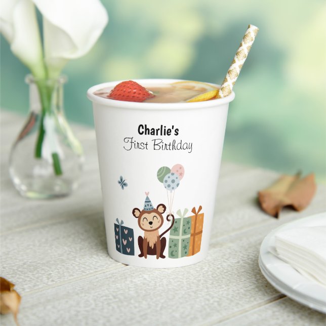 Gobelets En Papier Joyeux singe avec ballons et cadeaux, anniversaire (Insitu)