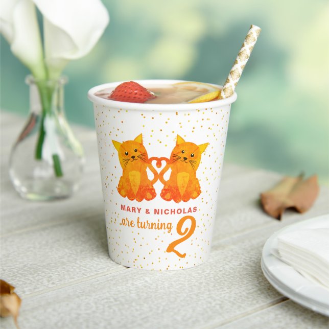 Gobelets En Papier Jumeaux Anniversaire Orange Kittens Confetti Dots  (Insitu)