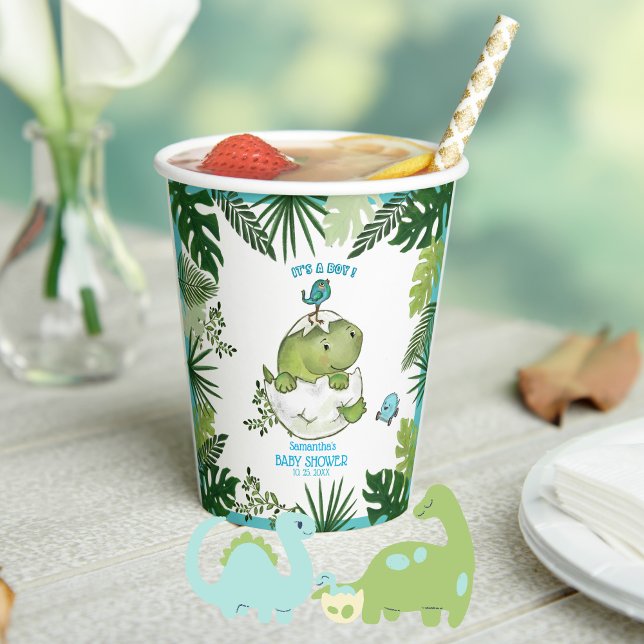 Gobelets En Papier Jungle Leaves and Hatching Dino Boy Baby Shower  ( Jungle Leaves and Hatching Dino Boy Baby Shower Paper Cups )