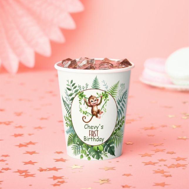 Gobelets En Papier Jungle Singe Suspendu à une Branche Premier Annive (Insitu)
