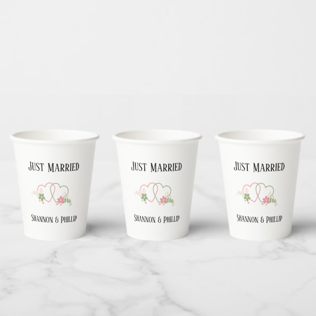 Gobelets En Papier Just Married with Bride & Groom Names Wedding Date (Multi)