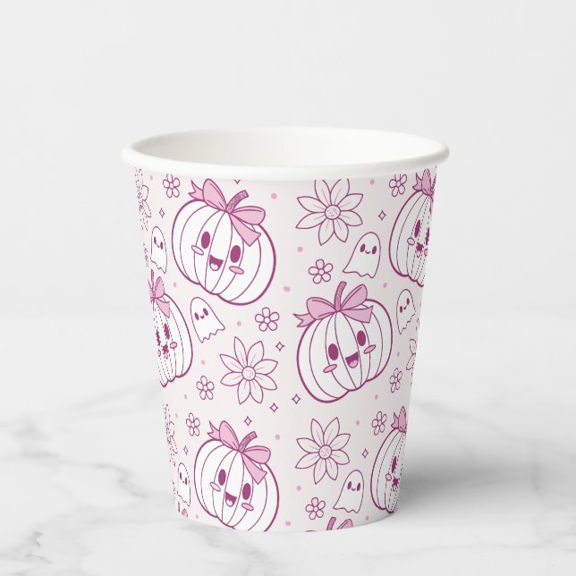 Gobelets En Papier Kawaii Citrouilles, Fantômes & Fleurs (Recto)