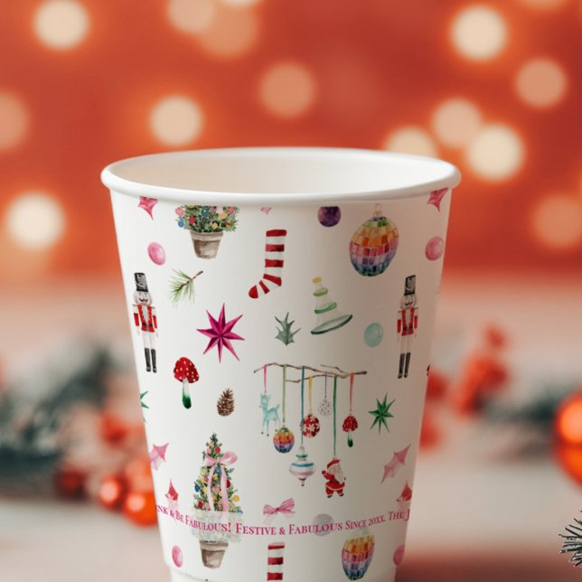 Gobelets En Papier Kitsch Noël | Monogramme de fête de vacances rétro (Créateur téléchargé)