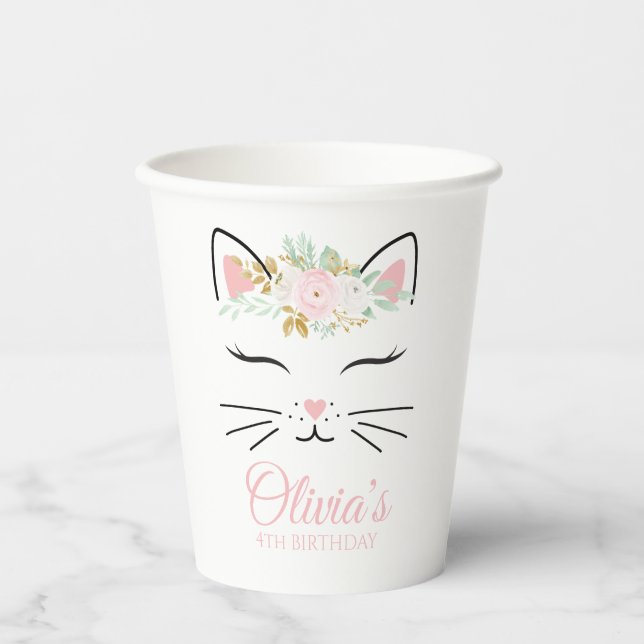 Gobelets En Papier kitty de fête florale visage de chaton (Recto)