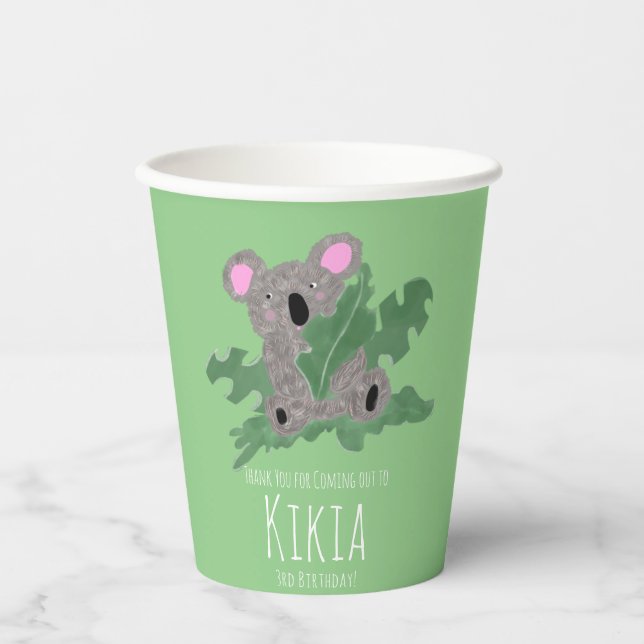 Gobelets En Papier Koala Dessin Animé Vert Fête d'anniversaire     (Recto)