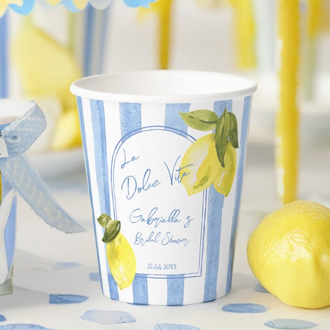 Gobelets En Papier La Dolce Vita rayures bleues citrons douche de mar (La Dolce Vita handrawn blue stripes lemons Italian bridal shower monogrammed personalized Paper Cups)