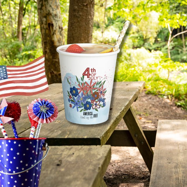 Gobelets En Papier "L'Amérique Terre des Libres" 4 juillet Fleurs (_America Land of the Free_ 4th of July Flowers Paper Cup)