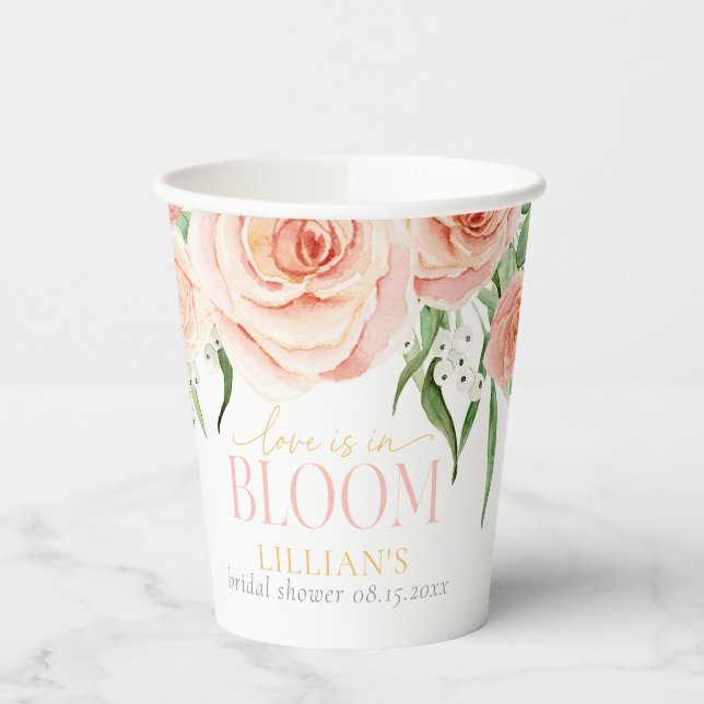 Gobelets En Papier L'amour est en fleurs Rose aquarelle rose floral (Gauche)