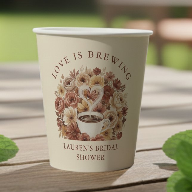 Gobelets En Papier L'amour est en train de faire du café floral marro (Love is Brewing Brown Floral Coffee Heart Bridal Paper Cups
)
