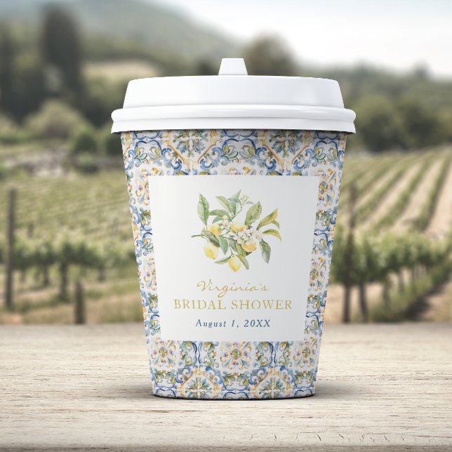 Gobelets En Papier Lancement de mariage au citron (Italian Lemon Blue Bridal Shower Paper Cups by Painted Paperie
)