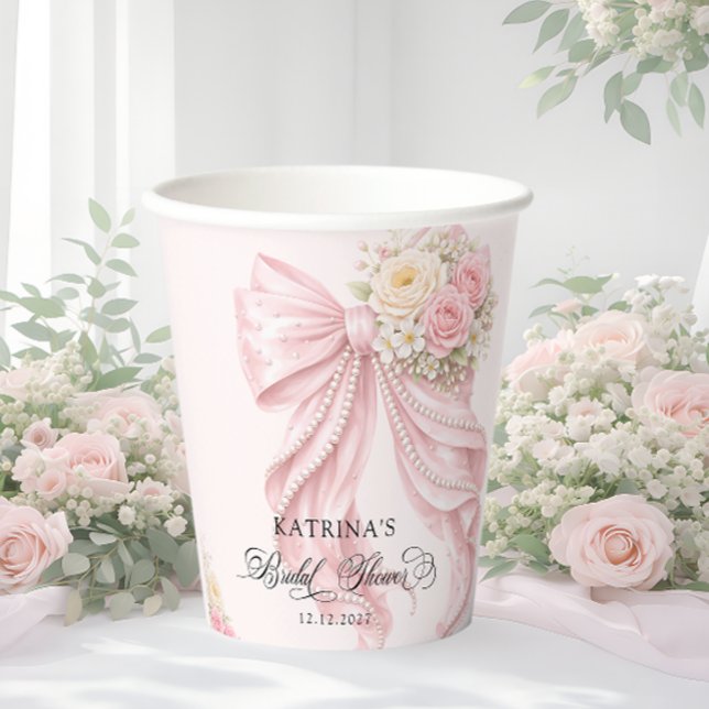 Gobelets En Papier Lancement de Mariage Élégant Ruban Rose Floral Coq (Créateur téléchargé)