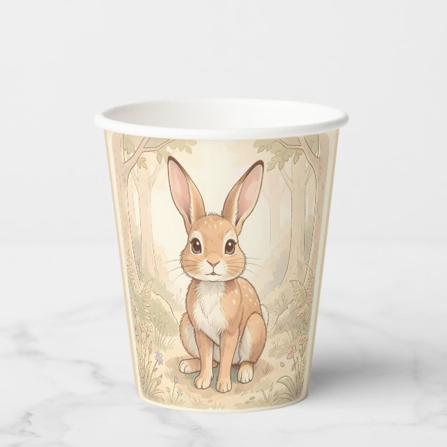 Gobelets En Papier Lapin brun mignon dans une forêt (Recto)