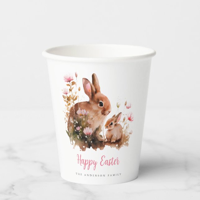 Gobelets En Papier Lapin de Pâques à l'aquarelle florale (Recto)