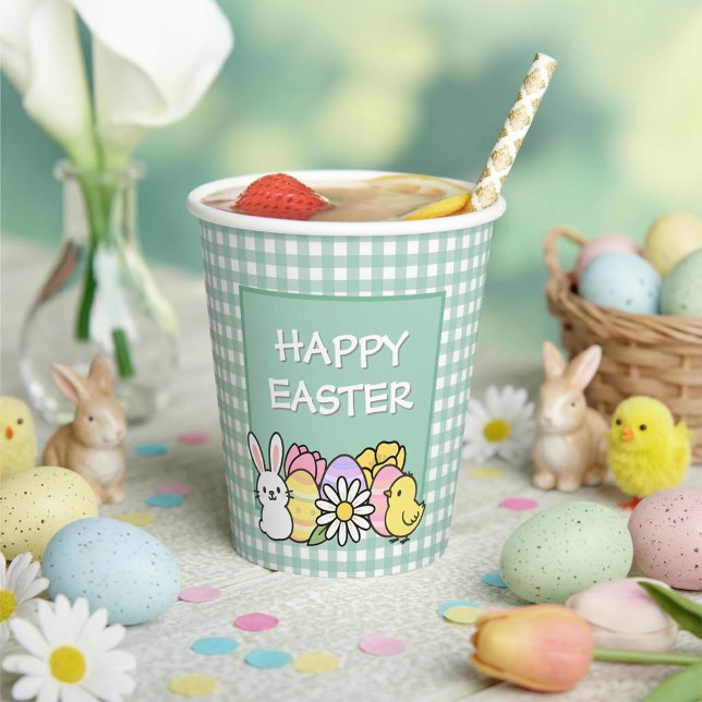 Gobelets En Papier Lapin de Pâques Joyeux Poussins Œufs Gingham Vert (Créateur téléchargé)