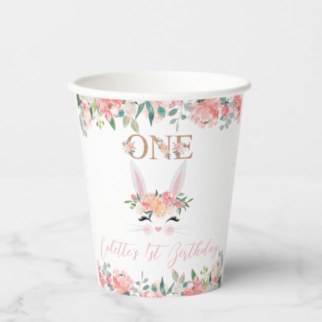 Gobelets En Papier Lapin Floral Face Un Lapin 1er Anniversaire (Recto)