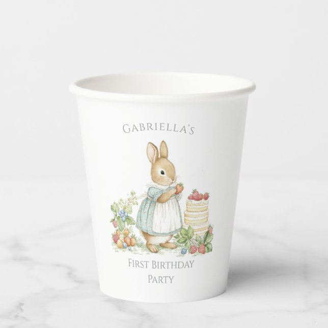 Gobelets En Papier Lapin mignon aux fraises Anniversaire (Recto)