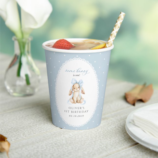 Gobelets En Papier Lapin, Nœud Bleu, Points Bleus, Premier Anniversai (Insitu)