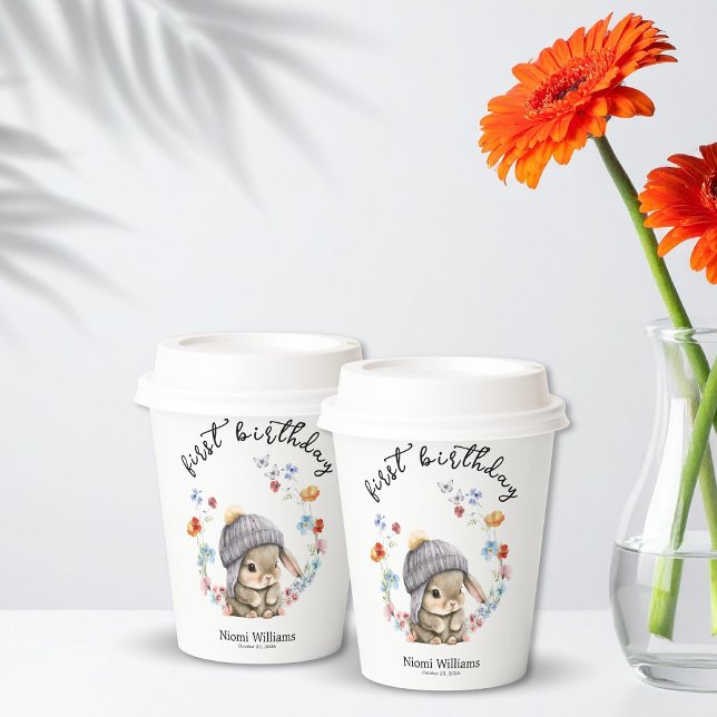 Gobelets En Papier Lapin simple de la forêt de fleurs sauvages 1er an (Simple Wildflower Woodland Bunny 1st Birthday Paper Cup)