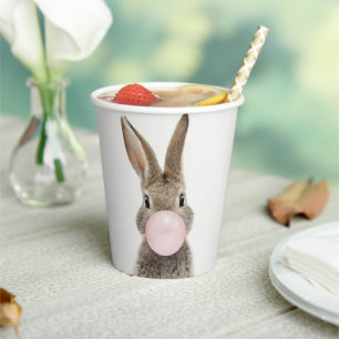 Gobelets En Papier Lapin soufflant un bubble gum rose