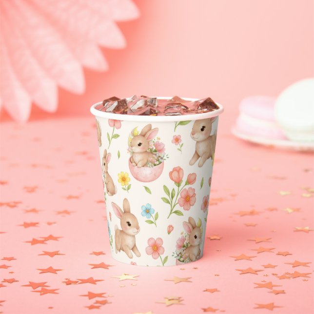 Gobelets En Papier Lapins mignons et motif de fleurs (Insitu)