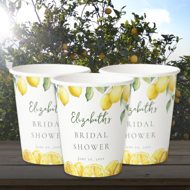 Gobelets En Papier Lavage à l'eau Jaune Citron Citron Mariage (Watercolor Yellow Lemon Citrus Bridal Shower Paper Cups)