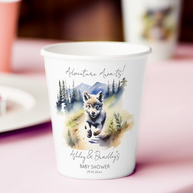 Gobelets En Papier L'aventure à thème Wolf attend la vaisselle baby s (Wolf themed adventure awaits baby shower tableware personalized paper cups watercolor cute wolf cub)