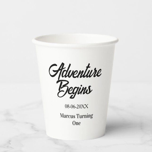 Gobelets En Papier L'aventure commence 1er anniversaire nom date simp (Recto)