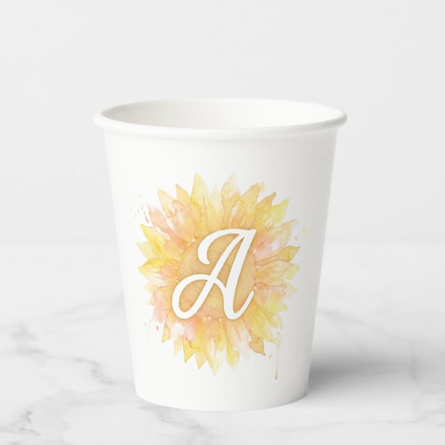 Gobelets En Papier Lettre A Tournesol Nom Monogramme Initiale  (Recto)
