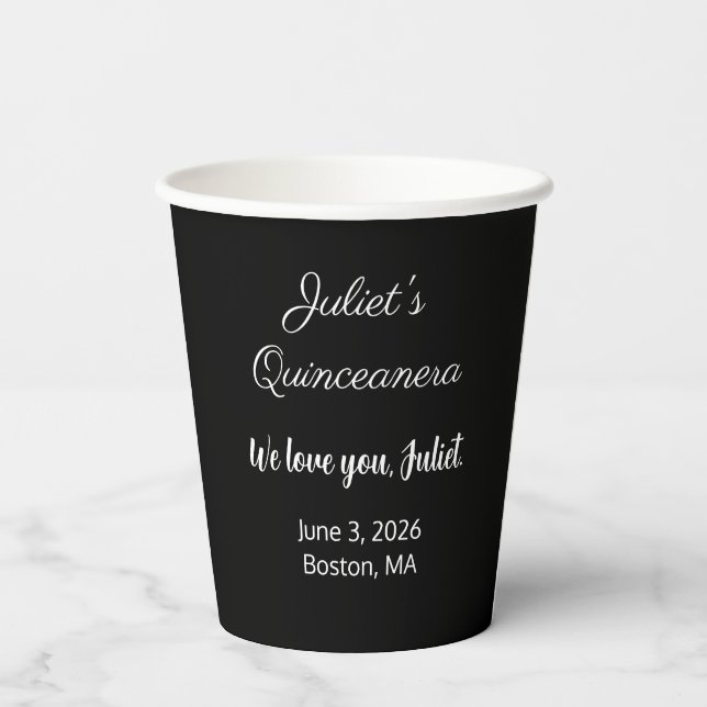 Gobelets En Papier Lettres douces : Blanc sur Quinceanera Noir (Verso)