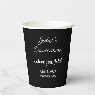 Gobelets En Papier Lettres douces : Blanc sur Quinceanera Noir