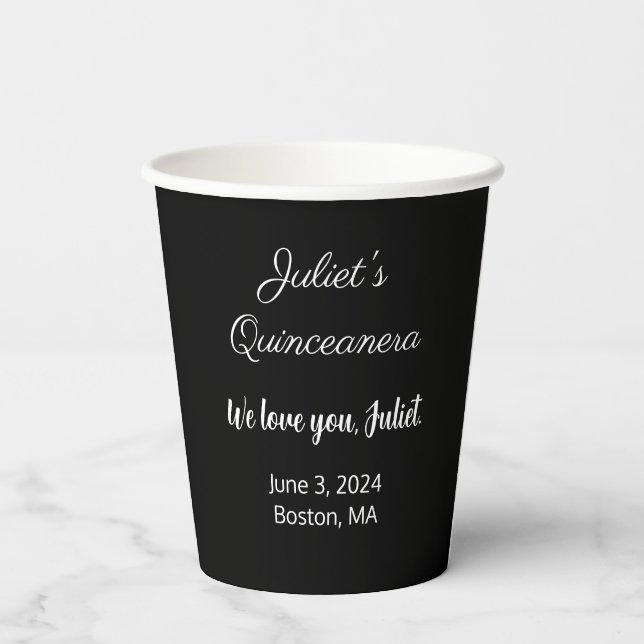 Gobelets En Papier Lettres douces : Blanc sur Quinceanera Noir (Verso)