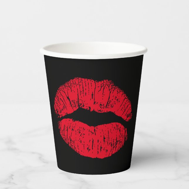 Gobelets En Papier Lèvres de baiser rouge sur noir (Recto)