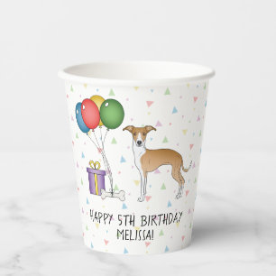 Gobelets En Papier Lévrier Italien Fauve Et Blanc - Joyeux Anniversai